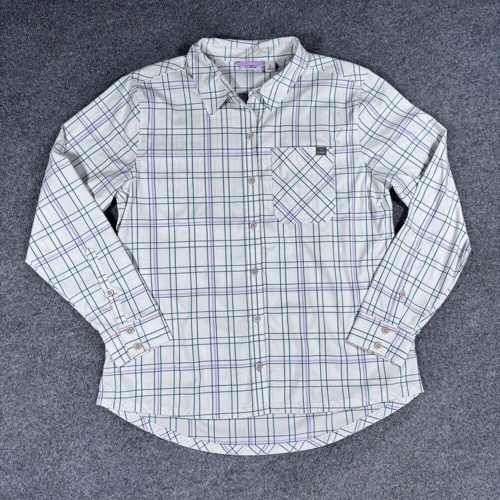 LL Bean Long Sleeve Plaid Button Shirt White Purple Green Women’s Medium - Picture 2 of 8